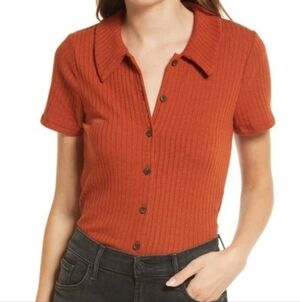 Madewell Rib Polo Button-front Tee In Faded Rust, Medium (B1)